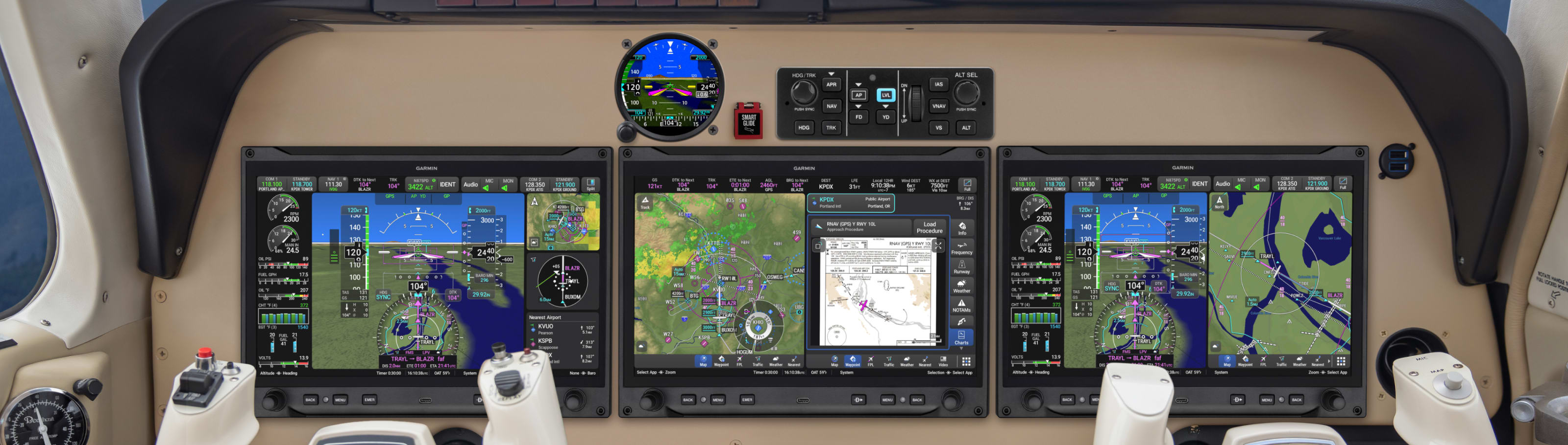 Garmin AXIS flight displays installed in aircraft cockpit — triple display glass panel by Avionics Works