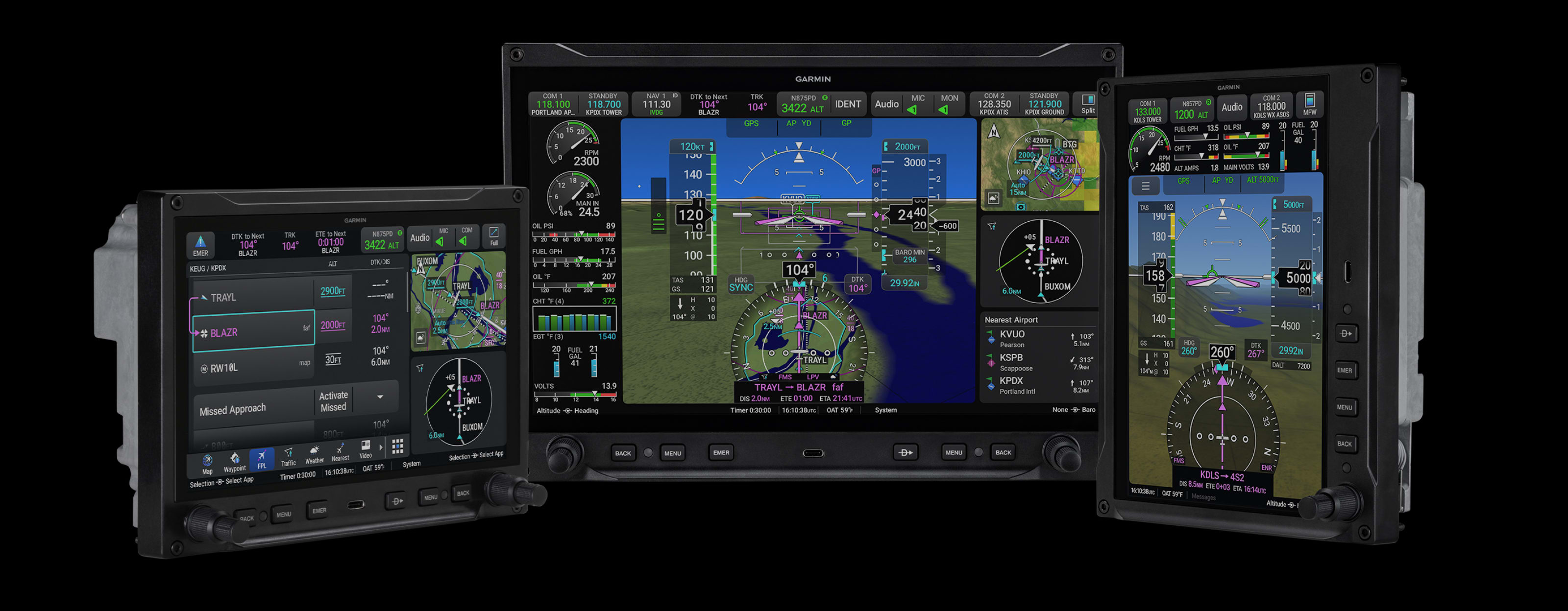 Garmin AXIS display lineup — 11.6-inch landscape, 8-inch portrait, and 8-inch landscape configurations