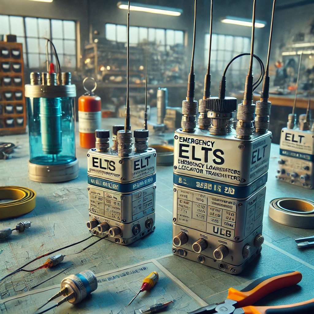 Image showing Emergency Locator Transmitters (ELTs) and Underwater Locator Beacons (ULBs) laid out on a workbench, highlighting their design and importance in aviation safety.