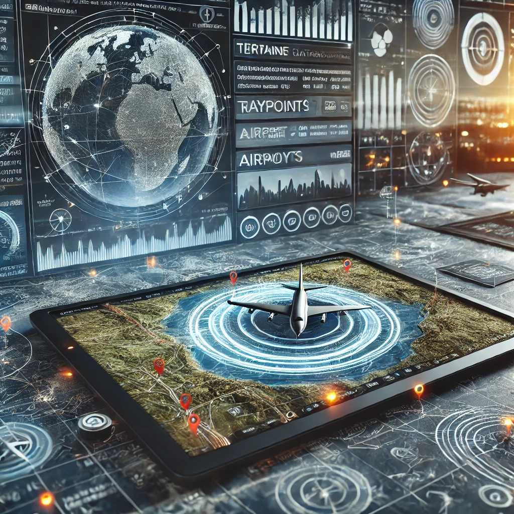 Image representing an airplane database focused on map-related information such as charts and terrain data. The digital interface displays detailed maps, terrain contours, and navigation charts, emphasizing the critical role of this data in aviation.