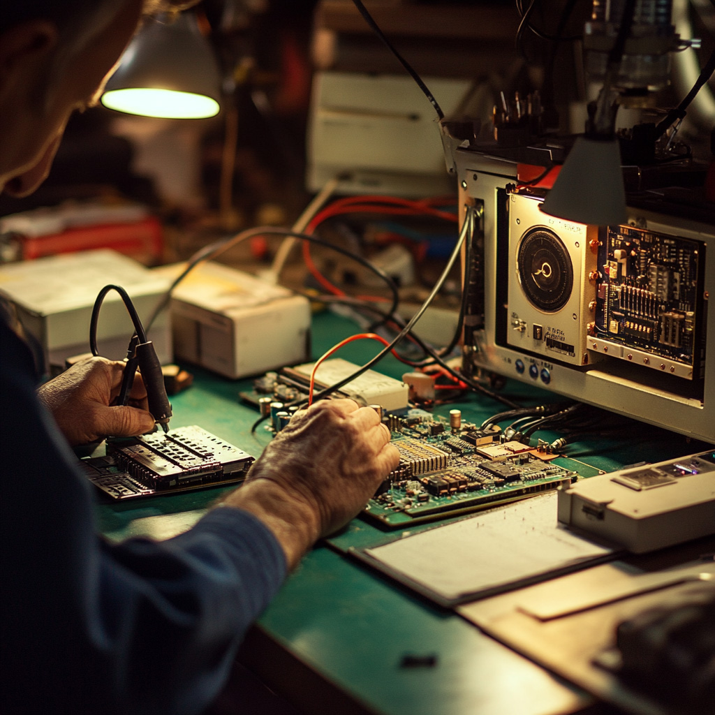 Image of avionics components being repaired on a workbench.