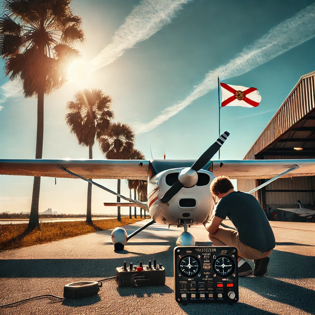 Image of an aircraft undergoing a VFR transponder inspection in Florida. The scene captures the Florida landscape with palm trees and a clear blue sky, while a technician focuses on the transponder in the cockpit of the aircraft.